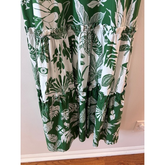 Farm Rio Forest Soul Mix Green White Tropical Leaf Print Tiered Mid Dress Large - Picture 7 of 11
